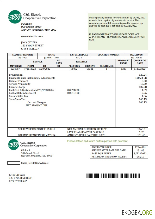 USA Arkansas C & L Electric Cooperative Corporation utility bill template in Word and PDF format
